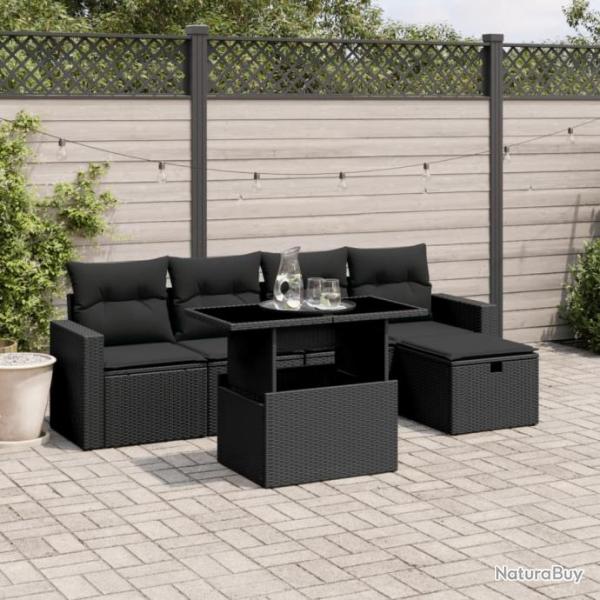 Salon de jardin 6 pcs avec coussins noir rsine tresse