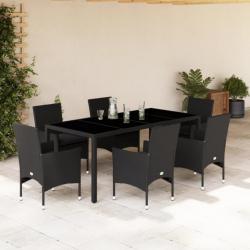 Ensemble à manger de jardin et coussins 7 pcs noir rotin acacia