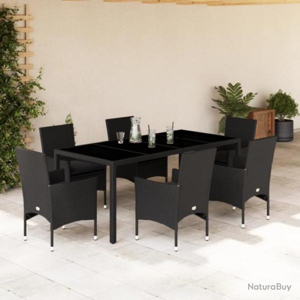 Ensemble  manger de jardin et coussins 7 pcs noir rotin acacia