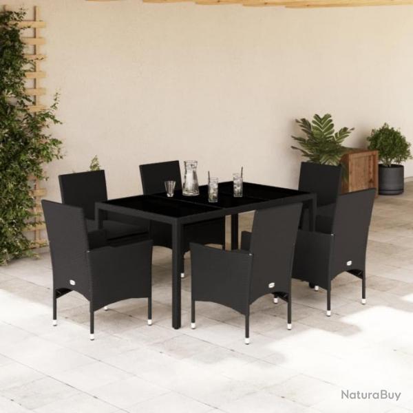 Ensemble  manger de jardin et coussins 7 pcs noir rotin acacia