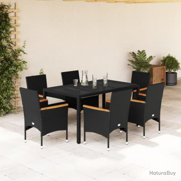 Ensemble  manger de jardin et coussins 7 pcs noir rotin acacia