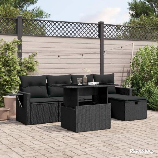 Salon de jardin 6 pcs avec coussins noir rsine tresse