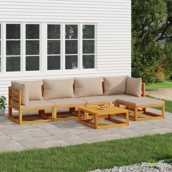 Salon de jardin 6 pcs avec coussins taupe bois massif