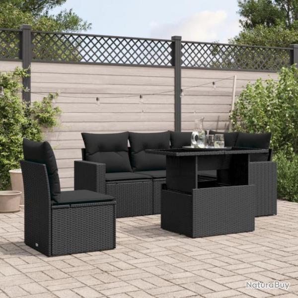 Salon de jardin 6 pcs avec coussins noir rsine tresse