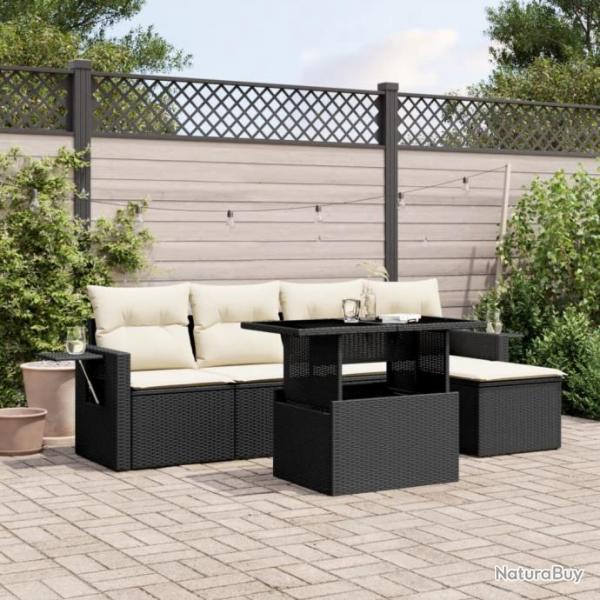 Salon de jardin 6 pcs avec coussins noir rsine tresse