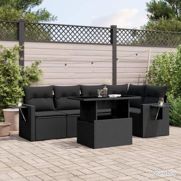 Salon de jardin 6 pcs avec coussins noir rsine tresse