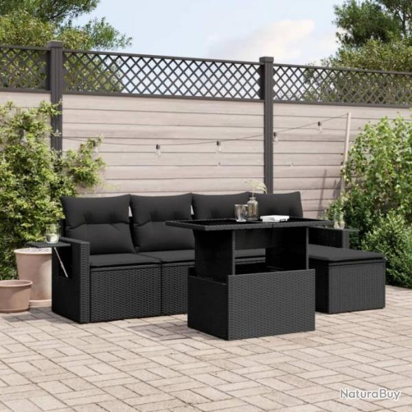 Salon de jardin 6 pcs avec coussins noir rsine tresse