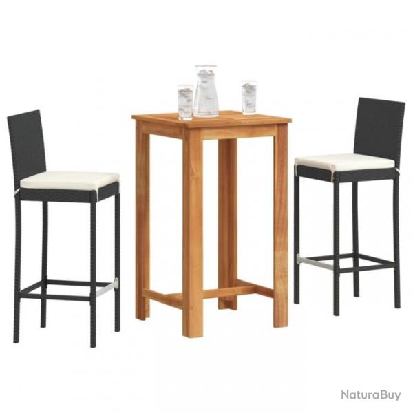 Ensemble de bar de jardin 3 pcs noir bois massif acacia rotin