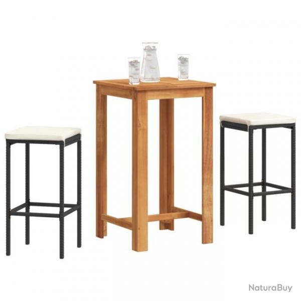 Ensemble de bar de jardin 3 pcs noir bois massif acacia rotin