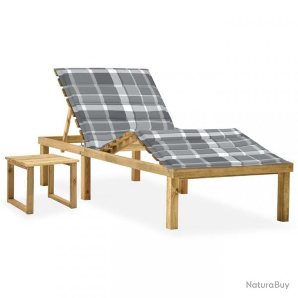 Chaise longue de jardin avec table et coussin Pin imprgn