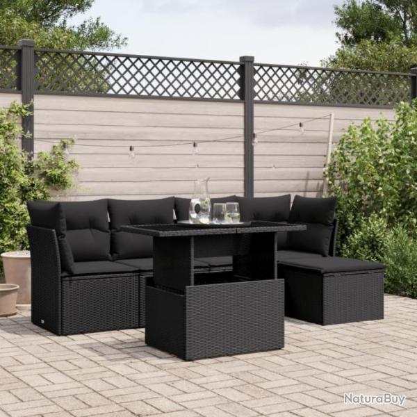 Salon de jardin 6 pcs avec coussins noir rsine tresse