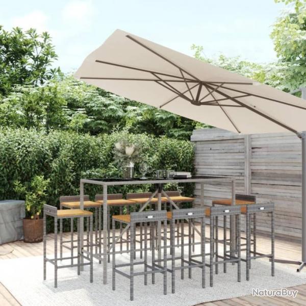 Ensemble de bar jardin 11pcs gris poly rotin/bois massif acacia