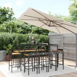 Ensemble de bar jardin 11pcs noir poly rotin/bois massif acacia