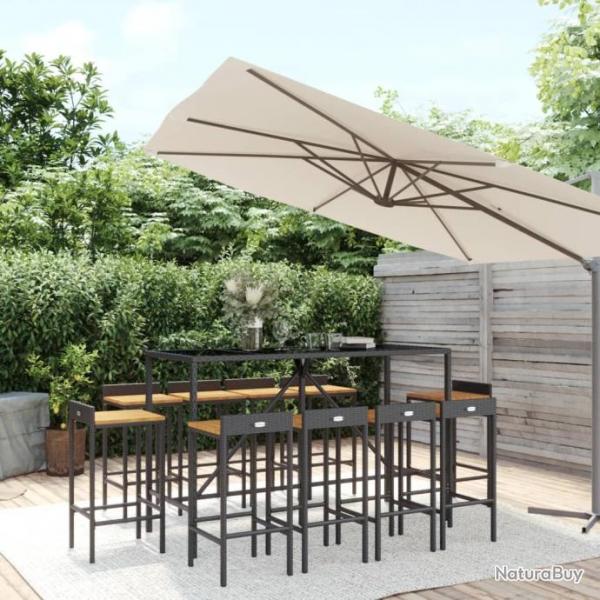 Ensemble de bar jardin 11pcs noir poly rotin/bois massif acacia