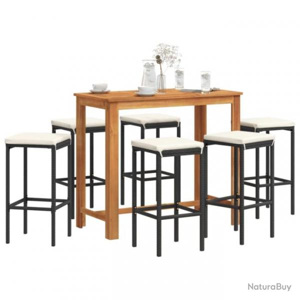 Ensemble de bar de jardin 7 pcs noir bois massif acacia rotin