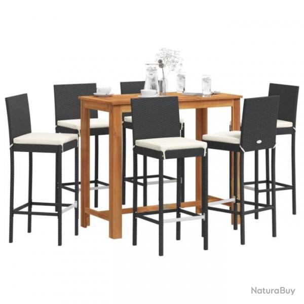 Ensemble de bar de jardin 7 pcs noir bois massif acacia rotin