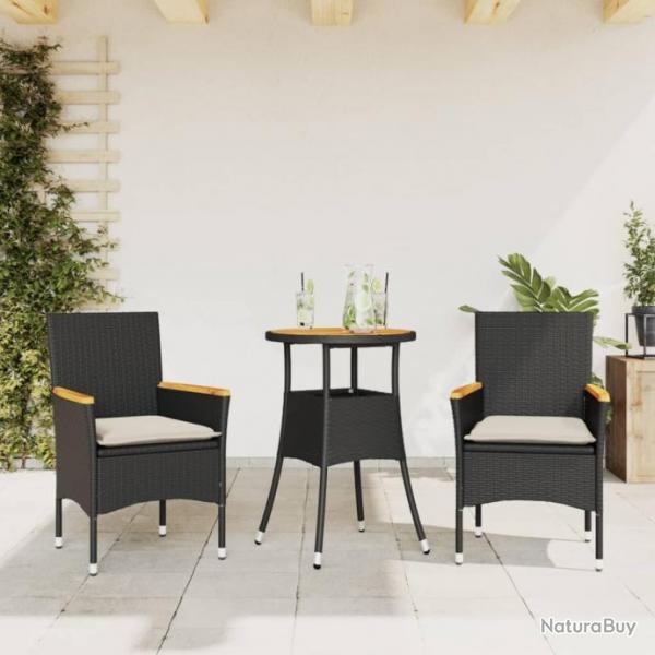 Ensemble  manger de jardin et coussins 3 pcs noir rotin acacia