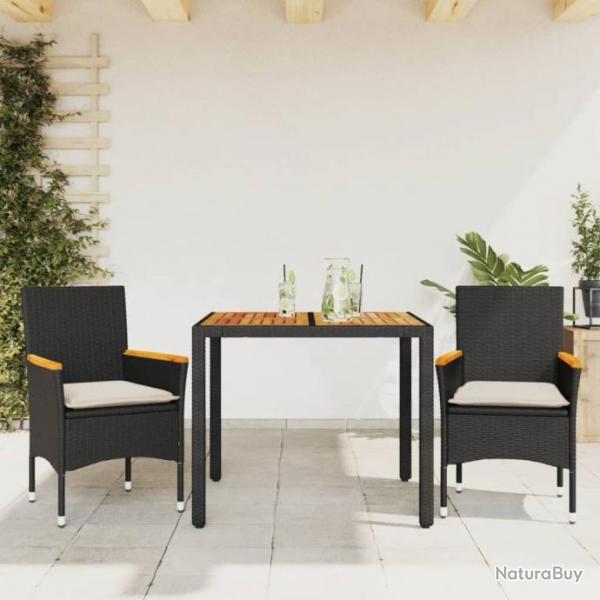 Ensemble  manger de jardin et coussins 3 pcs noir rotin acacia