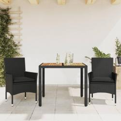 Ensemble à manger de jardin et coussins 3 pcs noir rotin acacia