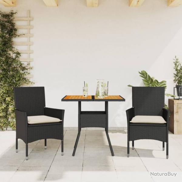 Ensemble  manger de jardin et coussins 3 pcs noir rotin acacia