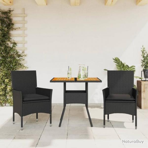 Ensemble  manger de jardin et coussins 3 pcs noir rotin acacia