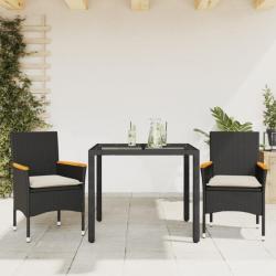 Ensemble à manger de jardin et coussins 3 pcs noir rotin verre