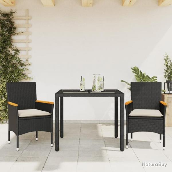 Ensemble  manger de jardin et coussins 3 pcs noir rotin verre