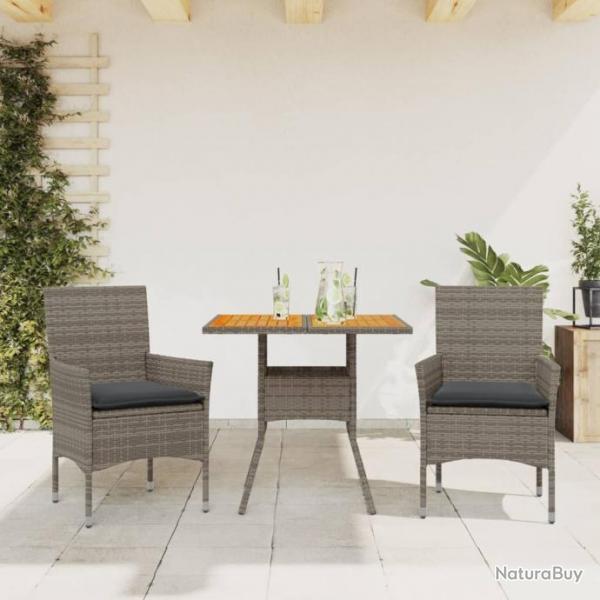 Ensemble  manger de jardin et coussins 3 pcs gris rotin acacia