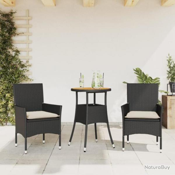 Ensemble  manger de jardin et coussins 3 pcs noir rotin acacia