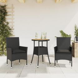 Ensemble à manger de jardin et coussins 3 pcs noir rotin acacia