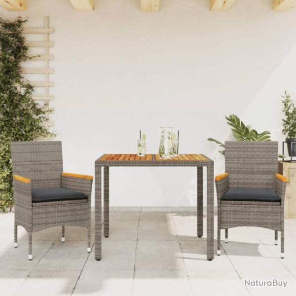 Ensemble  manger de jardin et coussins 3 pcs gris rotin acacia