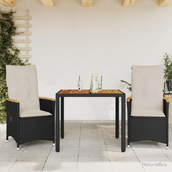 Ensemble de bistro 3 pcs avec coussins noir rsine tresse