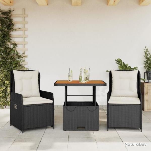 Ensemble de bistro 3 pcs avec coussins noir rsine tresse