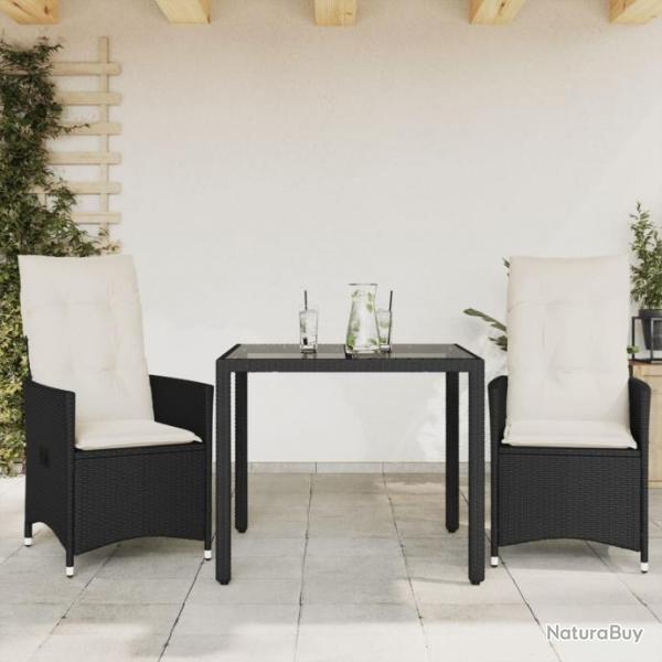 Ensemble de bistro 3 pcs avec coussins noir rsine tresse