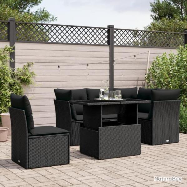 Salon de jardin 6 pcs avec coussins noir rsine tresse