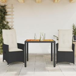 Ensemble de bistro 3 pcs et coussins noir résine tressée acacia