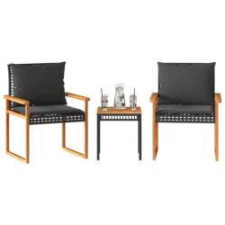 Ensemble de bistro 3 pcs et coussins noir résine tressée acacia