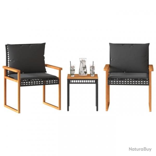 Ensemble de bistro 3 pcs et coussins noir rsine tresse acacia