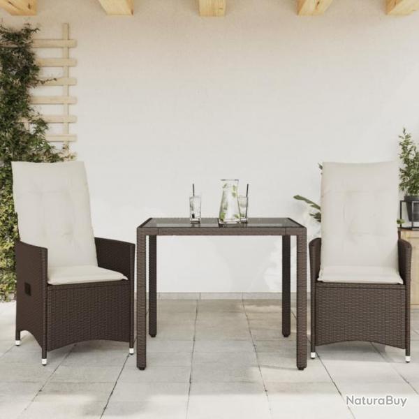 Ensemble de bistro 3 pcs avec coussins marron rsine tresse