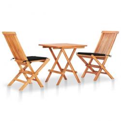 Ensemble de bistro 3 pcs avec coussins noir Bois de teck massif