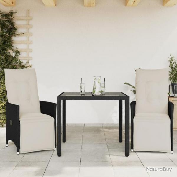 Ensemble de bistro 3 pcs avec coussins noir rsine tresse