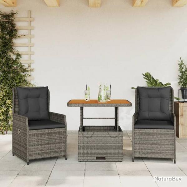 Ensemble de bistro 3 pcs avec coussins gris rsine tresse