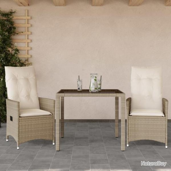 Ensemble de bistro 3 pcs avec coussins beige rsine tresse