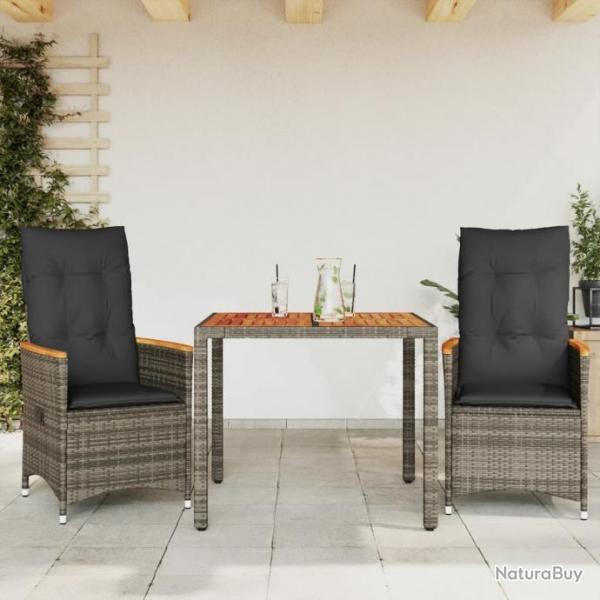 Ensemble de bistro 3 pcs avec coussins gris rsine tresse