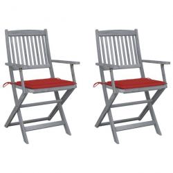 Chaises pliables d'extérieur 2 pcs avec coussins Bois d'acacia