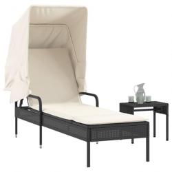 Chaise longue avec auvent et table noir résine tressée