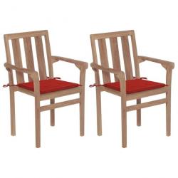 Chaises de jardin 2 pcs avec coussins rouge Bois de teck massif