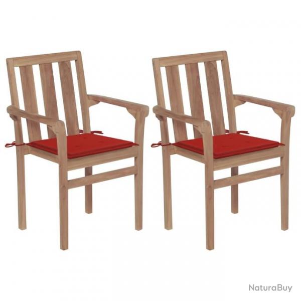 Chaises de jardin 2 pcs avec coussins rouge Bois de teck massif