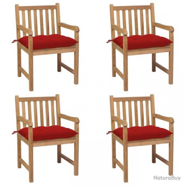 Chaises de jardin 4 pcs avec coussins rouge Bois de teck solide