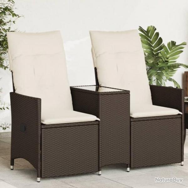 Canap de jardin inclinable 2 places avec table marron rotin